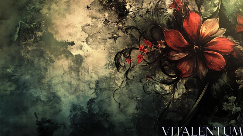 Crimson flower blooms against textured, shadowed grunge field.