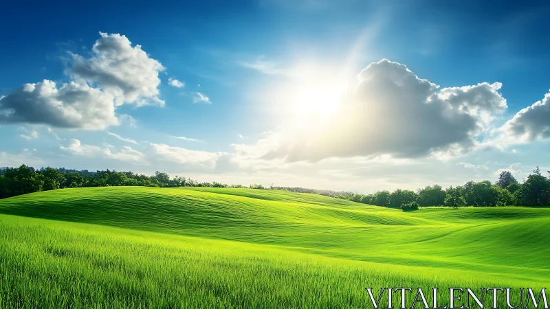 Sunlit green hills roll gently under a bright summer sky