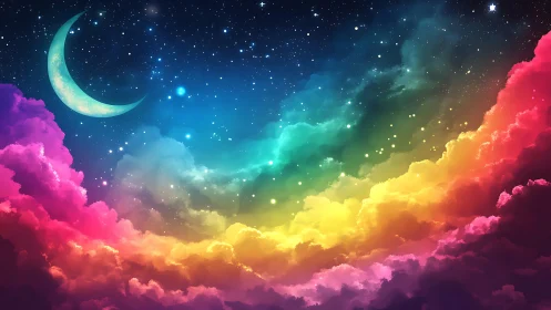 Crescent moon above vivid rainbow colored night clouds.