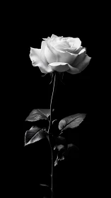 Soft white rose glowing gently against deep night black.