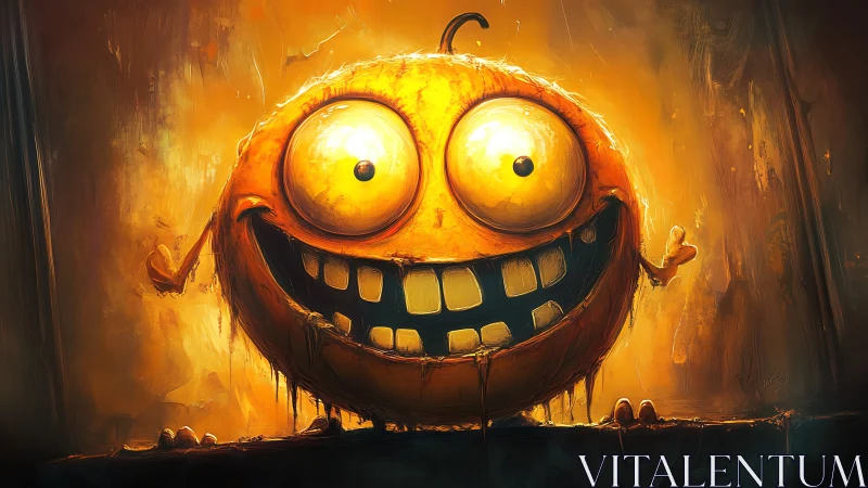 Grinning orange monster radiates eerie golden glow in shadows.