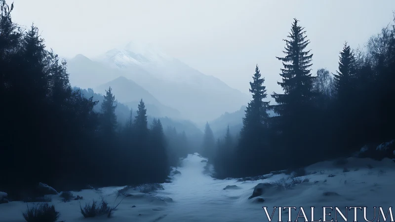 Snowy forest valley with distant mountains in fog.