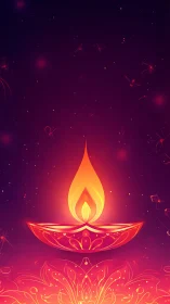 Single decorative oil lamp with stylized flame on dark field.