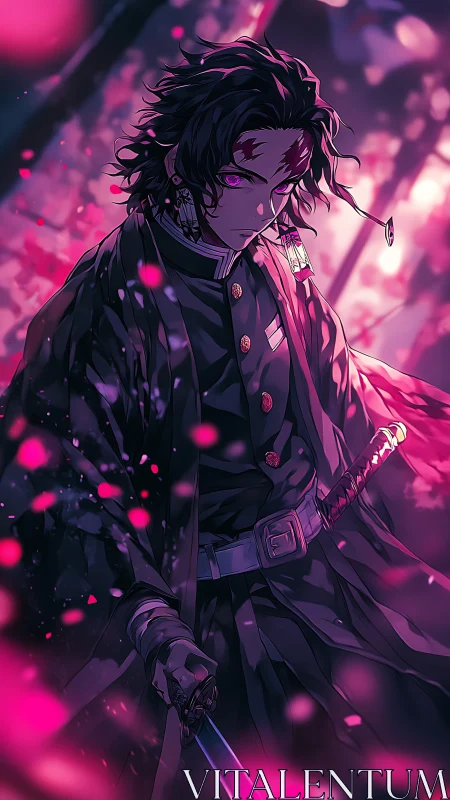 Swordsman in uniform stands amid pink particles at dusk