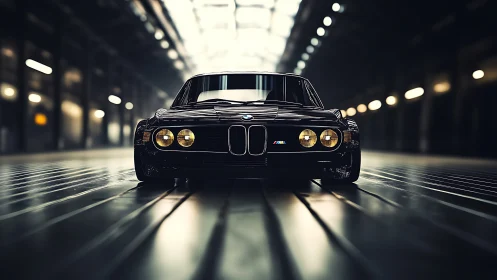 Classic black BMW sports coupe stands centered in dim hangar