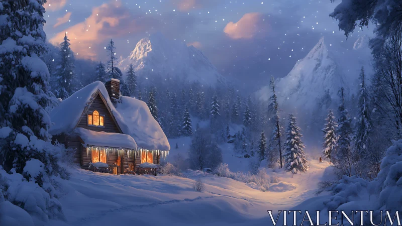 Digital painting of alpine cabin in luminous winter dusk.