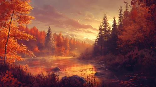 Radiant autumn river corridor under volumetric sunset light.