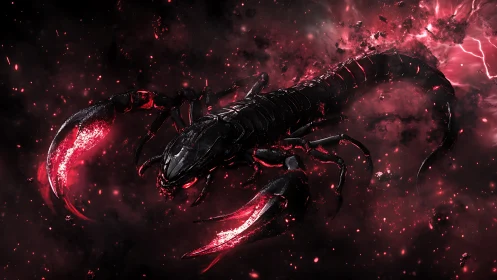 Black armored scorpion in red cosmic storm clouds.