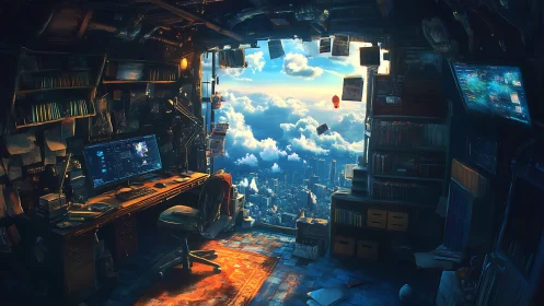 Skyline hacker&rsquo;s nest opening onto a cloud-drenched city portal.