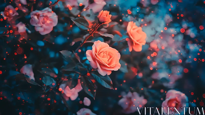 Digital Floral Composition With Coral Roses and Particle Effects.