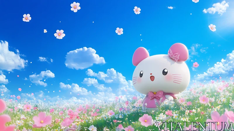 Cheerful pink-eared friend exploring a bright flower meadow.