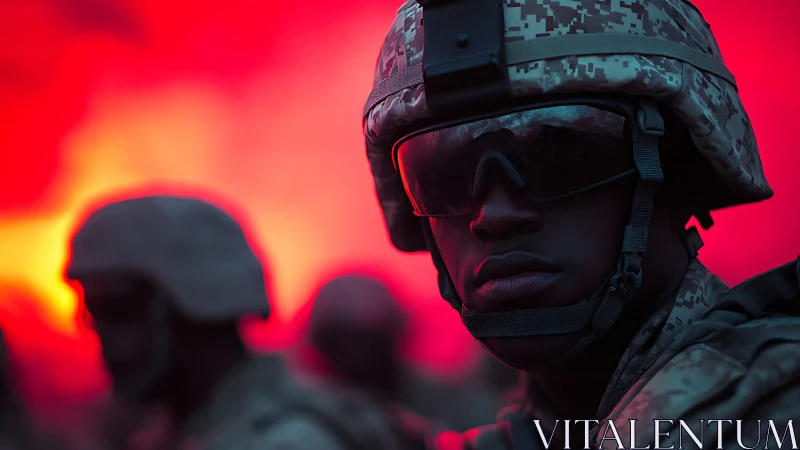 Soldier in combat gear before intense red illuminated backdrop.