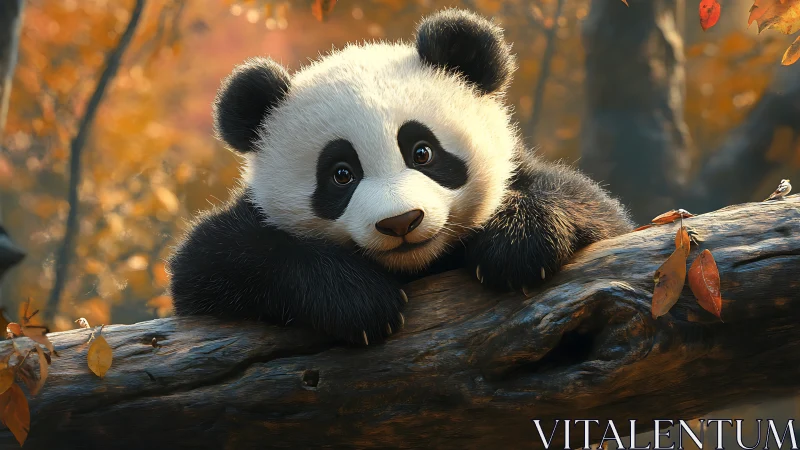 Juvenile giant panda resting on log in autumn forest setting.