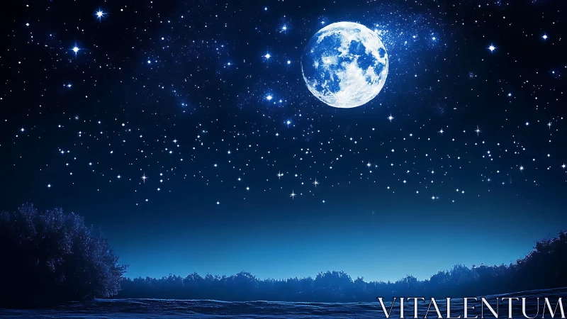 Full moon glows above starlit forest under deep blue sky.