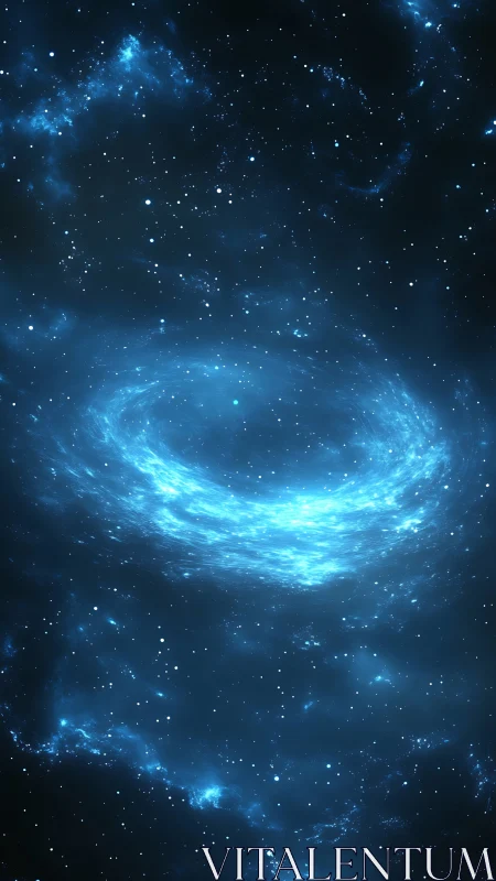 Rotating blue galactic vortex rendered in deep-space digital art