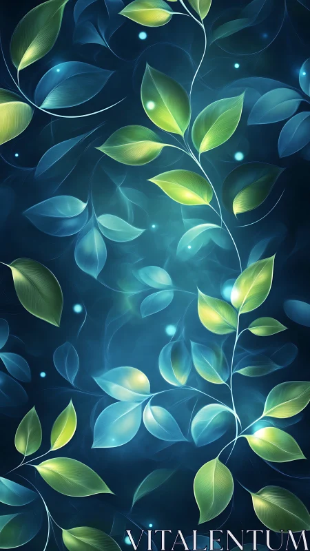 Abstract blue background with layered luminous leaf shapes.