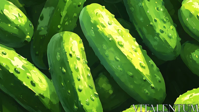 Dense cucumber cluster rendered with layered digital brushwork