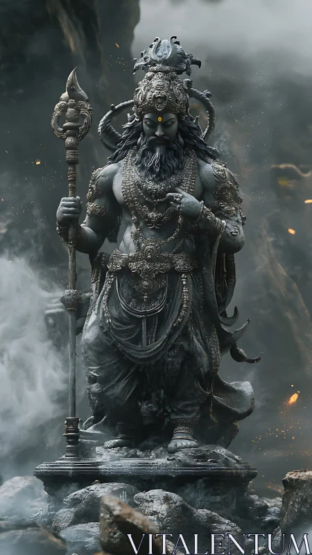 Regal stone deity calmly watching over a misty mountain pass