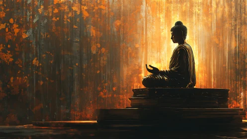 Backlit Buddha statue in meditative profile amid radiant bokeh field