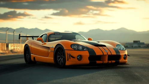 Orange sports coupe sits on track under soft sunset light