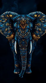 Ornate neon-blue elephant head with glowing amber filigree pattern