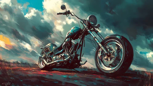 Chrome motorcycle stands bold beneath storm-lit open skies