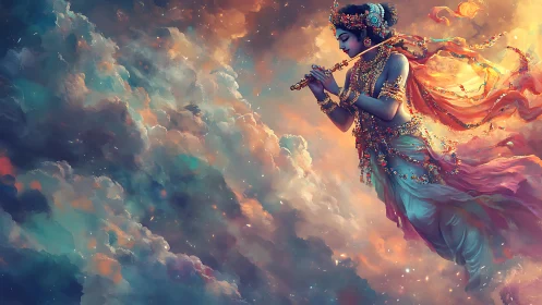 Celestial flute player drifting through prismatic clouds.