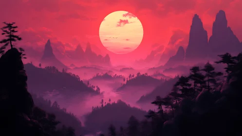 Crimson sun drenches misty mountain kingdom in dreamlike glow.