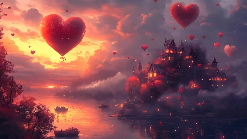 Illuminated castle with floating heart-shaped elements at sunset.