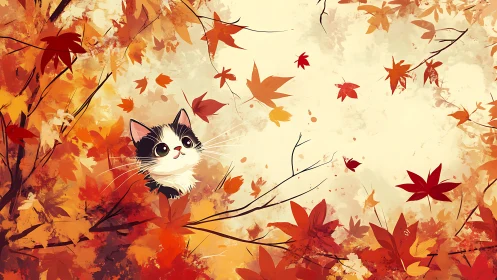 Cat Among Autumn Leaves Digital Illustration.