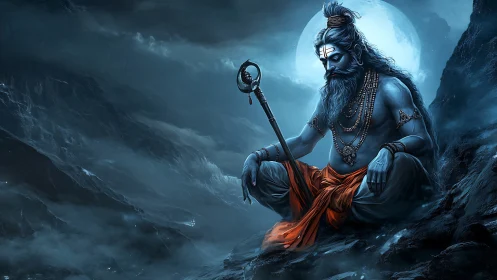 Moonlit sage of the storming peaks in silent sapphire trance.