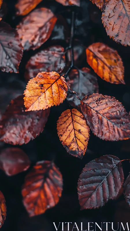 Rain-kissed ember leaves glow against brooding autumn dusk.
