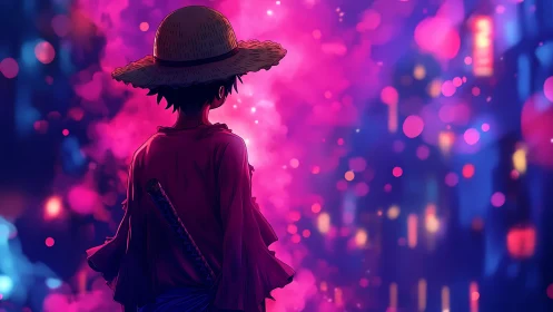 Straw hat wanderer in neon night haze of color and quiet.
