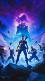 Squad-based cosmic assault beneath erupting sky fortress.