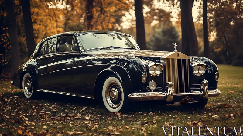 Photorealistic classic luxury sedan in autumn woodland setting.