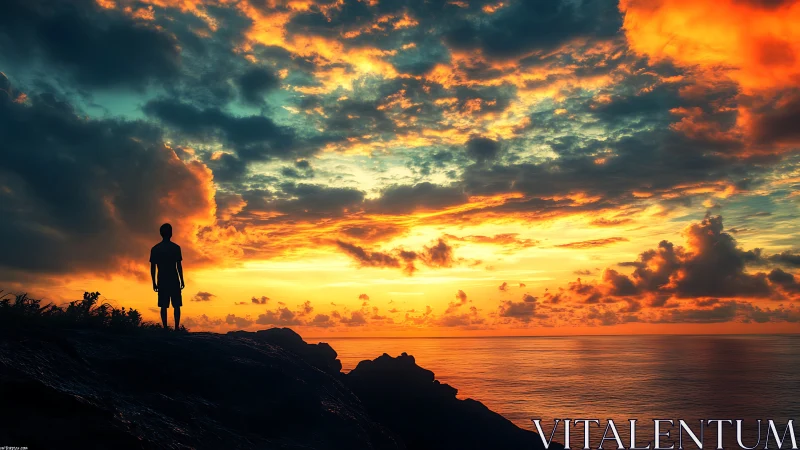 Silhouetted observer on coastal cliff under vivid sunset sky.