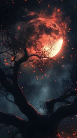 Emberlit blood moon crowning a twisted midnight tree.