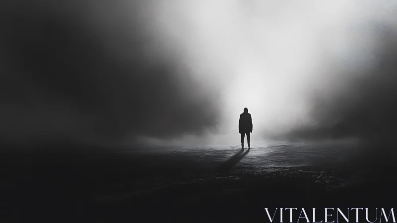 Solitary human figure standing in foggy monochrome light.