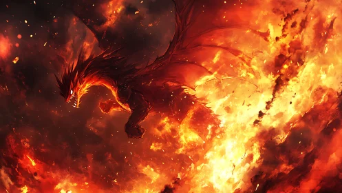 Fiery dragon silhouette emerging from intense flames.