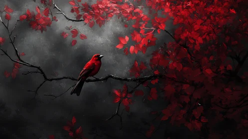 Solitary red cardinal on branch against stormy grayscale sky