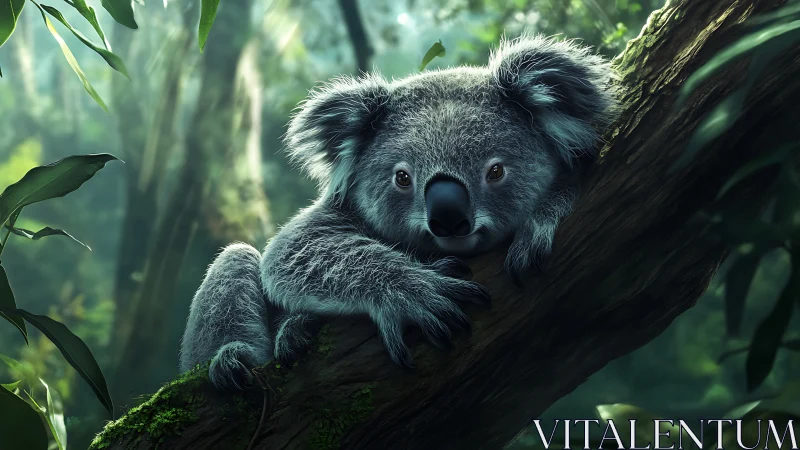 Dreamy rainforest koala lounging on a mossy emerald branch.