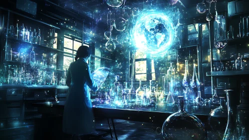 Holographic geoscience interface in luminescent wet lab environment.