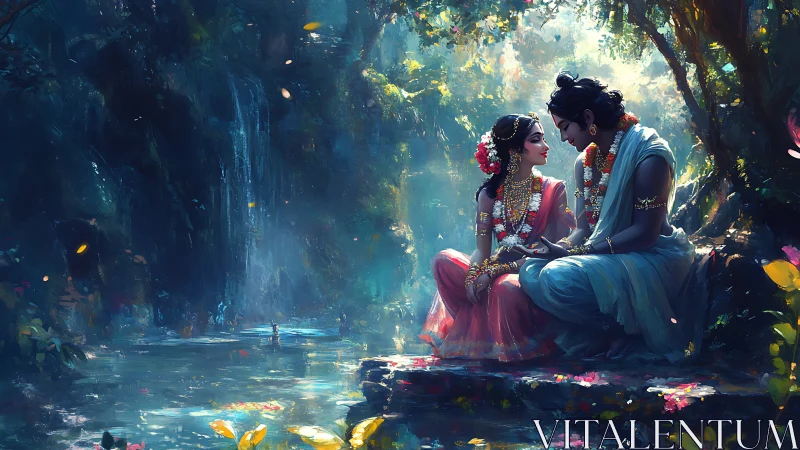 Luminous forest lovers share a quiet moment by the water