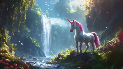 Pink-maned unicorn resting in a sunlit waterfall valley.