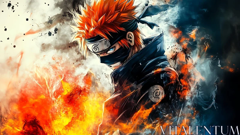 Fiery masked ninja amid swirling elemental chaos digital art.