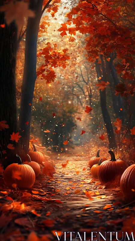 Autumn Forest Path with Pumpkins in Golden Leaffall Light