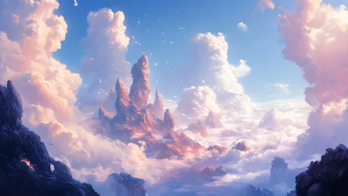 Celestial cloud spires over luminous fantasy mountain range.