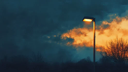 Streetlamp illuminates dark blue sky and fiery cloud bank