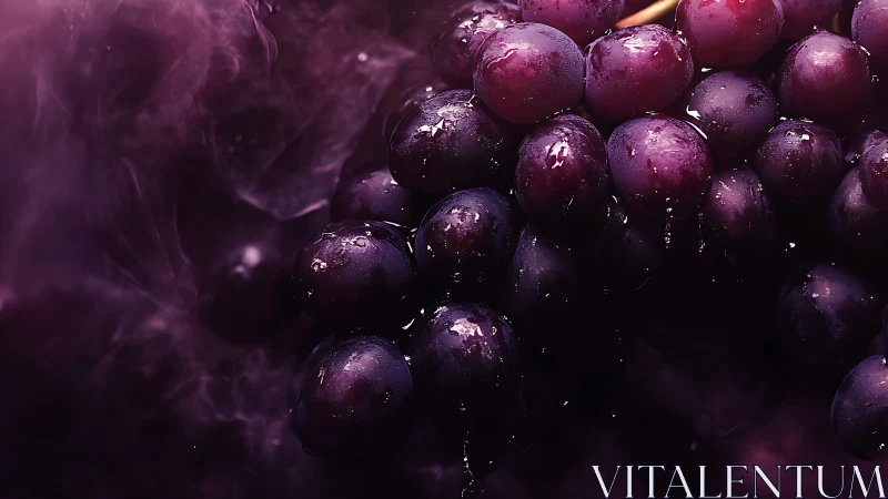 Moody macro cluster of wet purple grapes in misty light.