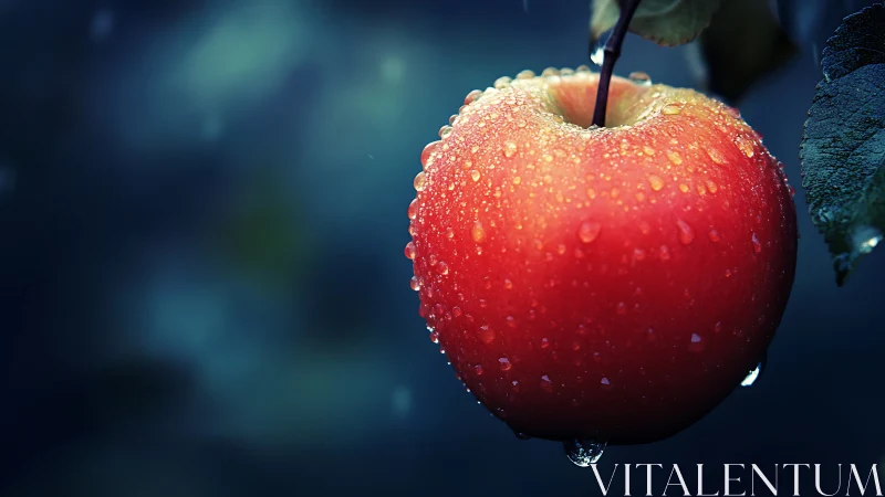 Red apple with water droplets on tree branch at close range.